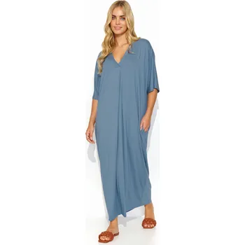 Dámské šaty Dlouhé oversize šaty z viskózy M820 Barva: Džínová, Velikost: S/M