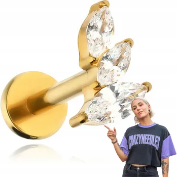 Piercing Titanový labret piercing s bílými zirkony levý - zlatý 1,2/6