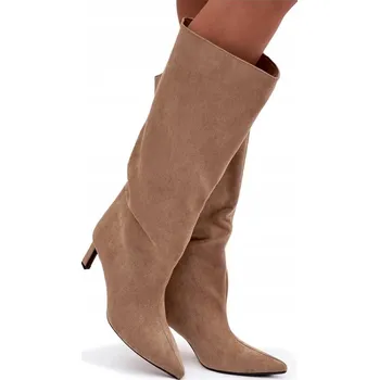 Dámské kozačky Dámské kozačky z eko semiše na jehlovém podpatku nazouvací béžové 37