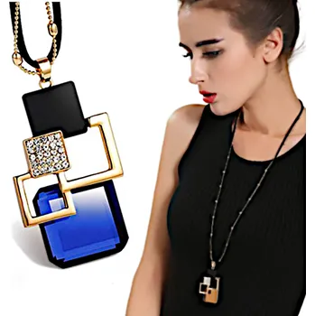 Náhrdelník Dlouhý náhrdelník Podzimní Zlatý Modré Čtverce Zirkony Řetízek Řemínek