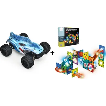 RC model auta Mamido Výhodná sada RC Monster Truck 1:16 Max 35 km/h 4x4 + Magnetická svítící stavebnice kuličková dráha 49 dílů