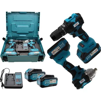 Aku bezkartáčová sada NAKIDA 21V 2v1 – vrtačka + rázový utahovák, 2× baterie, kufr