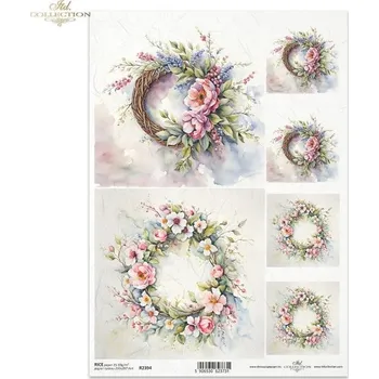 Umělecký papír Rýžový papír na decoupage ITD - Květinové věnečky - R2394