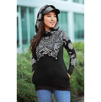 Dámská mikina Himalife Mikina Moana s maxi kapucí - černá s metalickou stříbrnou Velikost: XL - Móda pro plnoštíhlé, Oblečení nadměrné velikosti