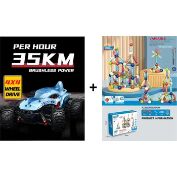 RC model auta Mamido Výhodná sada RC Monster Truck 1:16 Max 35 km/h 4x4 + Magnetická stavebnice Variable 108 dílků