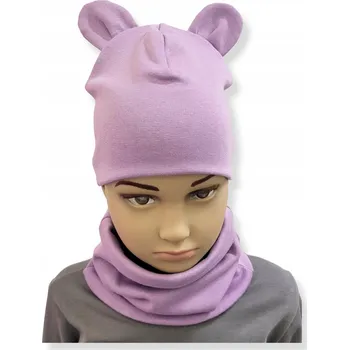 Čepice Sada ČEPICE + NÁKRČNÍK dětská souprava s UŠIMA velikost 52-56 VŘESOVÁ