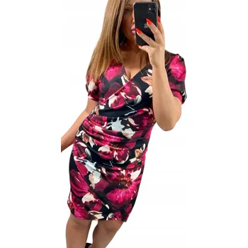 Dámské šaty V741 ELEGANTNÍ KVĚTINOVÉ VOLANOVÉ ZAPLETÉ ŠATY K11 vel. 44 (2XL)