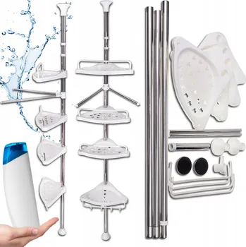 Drátěná police Rohová teleskopická police do sprchy a koupelny, prostorná, 4 police s věšákem