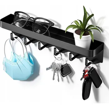 Věšák DRŽÁK VĚŠÁK TABULE NA KLÍČE OBLEČENÍ S POLIČKOU 6 HÁČKŮ ČERNÝ