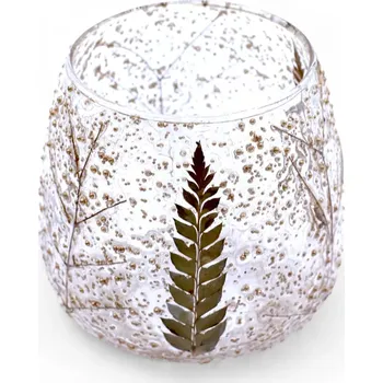 Svícen Skleněný svícen Pino z recyklovaného květinového skla 10×9 cm – přírodní dekorace s lisovanou zelení ️