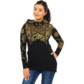 Dámská mikina Himalife Mikina Moana s maxi kapucí - černá s metalickou zlatou Velikost: 4XL - Móda pro plnoštíhlé, Oblečení nadměrné velikosti