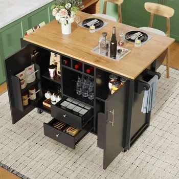 Servírovací stolek Kuchyňský vozík s ostrůvkem, bufet, Skládací 120 x 73 (45) x 92 cm Skříňky černý