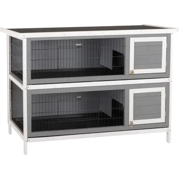 PawHut Malá zvířecí klece pro morčata a zakrslé králíky, dvoupatrová, dřevěná, šedá