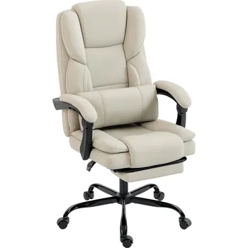 HOMCOM Kancelářská židle s čalouněním z umělé kůže vhodné pro zvířata, podnožka, výškově nastavitelná, kolečka, béžová