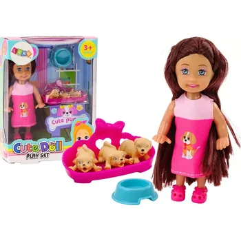 Panenka LEAN Toys Mini panenka Dlouhé vlasy Šaty Tři psi Postel