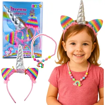 Čelenka Dětský set jednorožec Dream Unicorn – čelenka s rohem a barevný náhrdelník