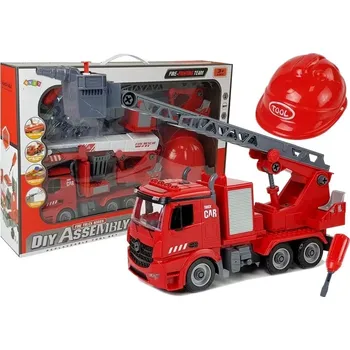 autíčko Lean Toys Sada DIY Firetruck 2v1 Kit Odnímatelné zvedáky Šroubovák Zvukové Světelné efekty Helma