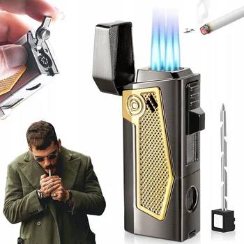 ZAPALOVAČ ČTYŘPLAMENOVÝ ZAPALOVAČ S REGULACÍ PRO CIGÁRA S PROBODÁVAČEM, VHODNÝ JAKO DÁREK