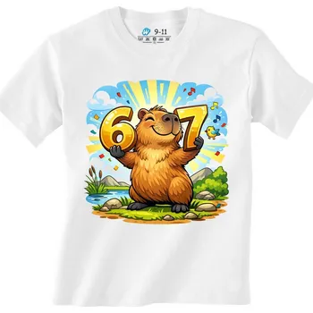 Chlapecké tričko Dětské tričko Veselá Kapybara 67 Six Seven Meme (Velikost: 7-8, Barva: Bílá)