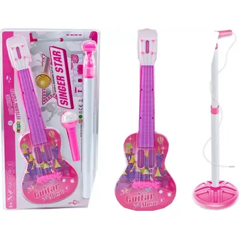 Hudební nástroj pro děti Růžová dětská elektrická kytara se stojanem a mikrofonem na baterie