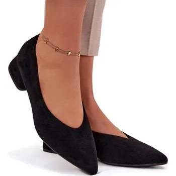 Dámské lodičky LODIČKY Z EKO SEMIŠE NÍZKÝ BLOKOVÝ PODPATEK ŠPIČATÁ ŠPIČKA ČERNÉ 38