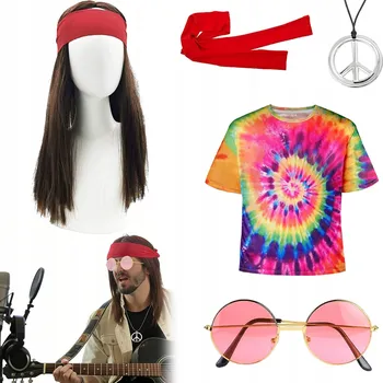 Karnevalový kostým TRIČKO HIPÍSÁCKÉ HIPPIE 70. LÉTA PEACE HIPÍCI, paruka, brýle, náhrdelník 5X
