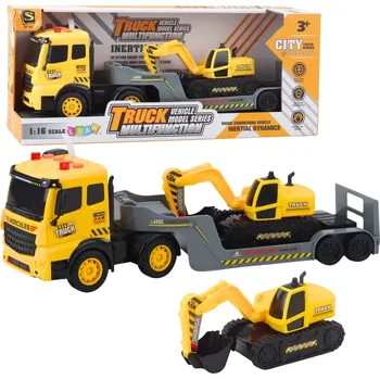 autíčko Nákladní auto s podvalníkem a pásovým bagrem 1:16, žluté