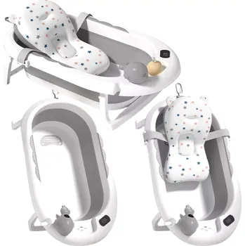 Kojenecká hygiena Skládací dětská vanička s teploměrem a měkkým vložkou, šedá s hvězdičkami