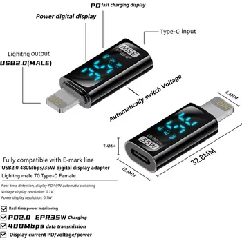 Datový kabel Přepojka / redukce Lightning samec / USB-C samice - LCD napětí / proud - černá