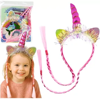 Čelenka Růžová čelenka jednorožec s rohem, ušima a copánky