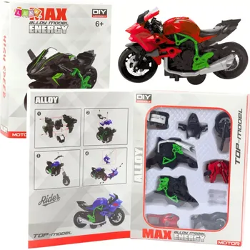 autíčko Motocykl k sestavení 1:14 zeleno‑červený DIY kovový model