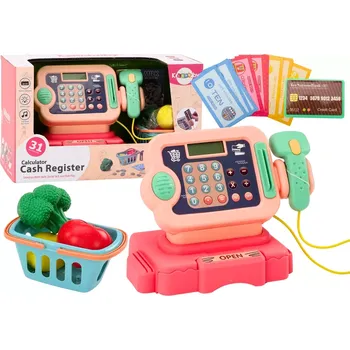 Hra na obchod Dětská pokladna růžová s mincemi, košíkem, světly a zvuky