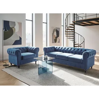 Sedací souprava Sedací souprava 3 + 1 modrá sametová sedací souprava Chesterfield a křeslo Vintage Glamour obývací pokoj Beliani