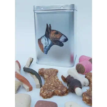 Chovatelství Bulteriér zlatobílý - plechová dóza s pamlsky pro psy (30 pamlsků)