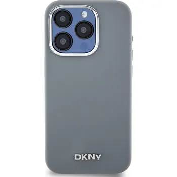 Pouzdro na mobilní telefon Zadní kryt DKNY Liquid Silicone Silver Metal Logo Magsafe pro Apple iPhone 15 Pro, šedá