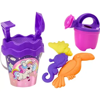 Hračka na písek Dětská sada na písek s jednorožcem – kyblík, lopatka, hrábě, konvička a formičky (fialová)