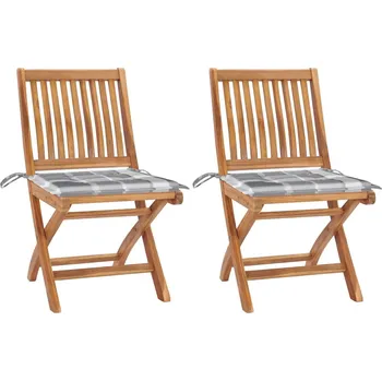 Zahradní židle 2 ks šedé kárované podušky masivní teakové dřevo IM_3062447