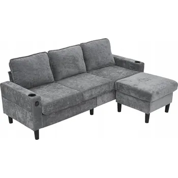 Pohovka Čalouněná pohovka, dlouhá pohovka, třímístná, USB a Type-C, šedá