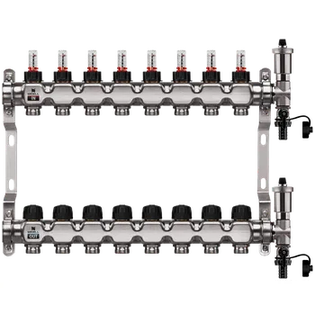 rozdělovač topení WIGELL Nerezový rozdělovač 8 okruhů, pro podlahového topení s hlavicemi a průtokoměry