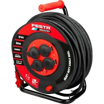 Prodlužovací kabel Kabel prodlužovací na bubnu venkovní FESTA INDUSTRY 3x2.5mm 50m 230V max 3680W 4 zásuvky guma-ne...