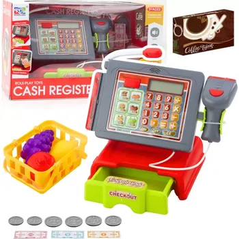 Hračka Dětská pokladna s doplňky, košíkem a ovocem – světla a zvuky, červená