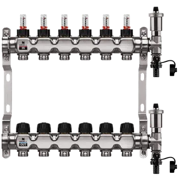 rozdělovač topení WIGELL Nerezový rozdělovač 6 okruhů, pro podlahového topení s hlavicemi a průtokoměry