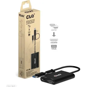Video kabel Club3D adaptér USB Gen1 Type-C/-A to Dual HDMI (4K/30Hz) / VGA (1080/60Hz)