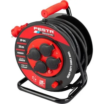 Prodlužovací kabel Kabel prodlužovací na bubnu venkovní FESTA INDUSTRY 3x2.5mm 25m 230V max 3680W 4 zásuvky guma-ne...