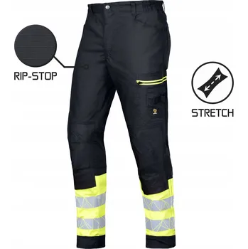 Pánské kalhoty PRACOVNÍ KALHOTY DO PASU MEGAWORK BLACK RIP STOP STRECH REFLEXNÍ BOJOVKY VELIKOST 52
