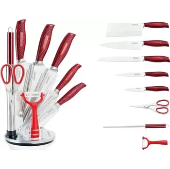 Kuchyňský nůž Royalty Line 9 dílný blok sady nožů s otočným držákem - Červený