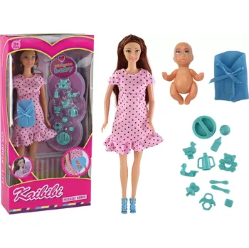 Panenka LEANToys Těhotná v puntíkových růžových šatech s doplňky