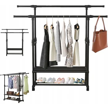 Věšák Stojanový věšák na oblečení kovový černý s policí na boty