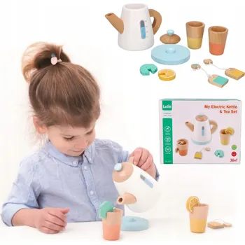 Dřevěná hračka DŘEVĚNÁ ČAJOVÁ SADA PRO DĚTI S KONVICÍ A HRNÍČKY HRAČKA 3+