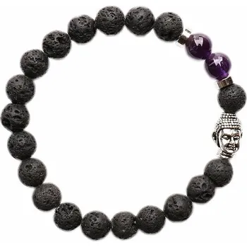 Drahý kámen Lávový kámen a ametyst náramek buddhistický z korálků obvod 16 až 21 cm